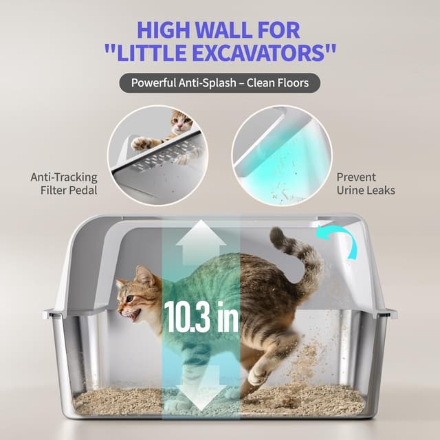 Detalle de Fusblom 2 Pack Stainless Steel Cat Litter Tray with Scoops (High-Sided, Non-Sticky) – Dark Grey & Light Grey