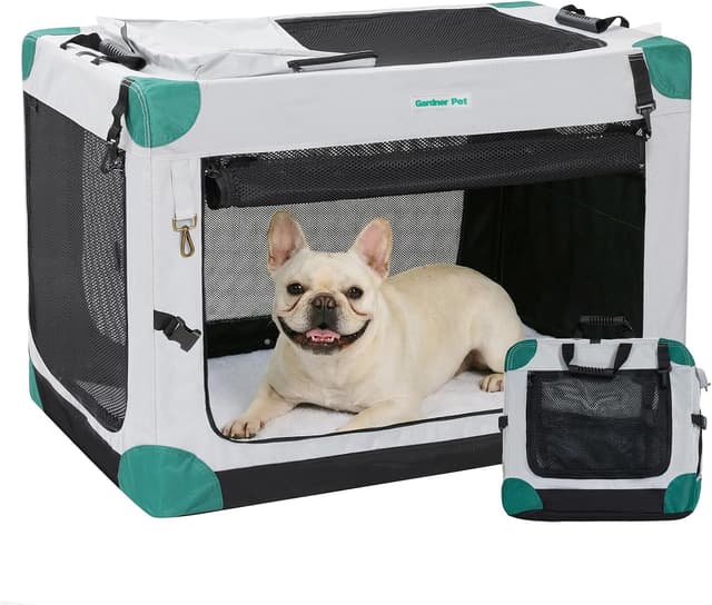 Detalle de Gardner Pet faltbare Hundebox 66x48x48 cm – Hundetransportbox mit Tragegriffen, Decke & Aufbewahrungstasche (bis 15 kg, grau)