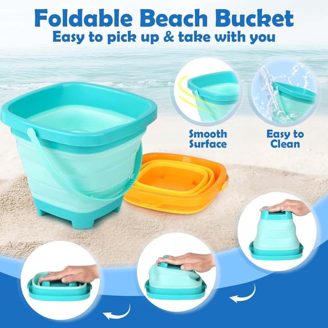 Detalle de Dreamon Beach Toys for Kids (3–10) – 30-Piece Collapsible Sand Toys Set with 3 Buckets, Molds & Mesh Storage Bags