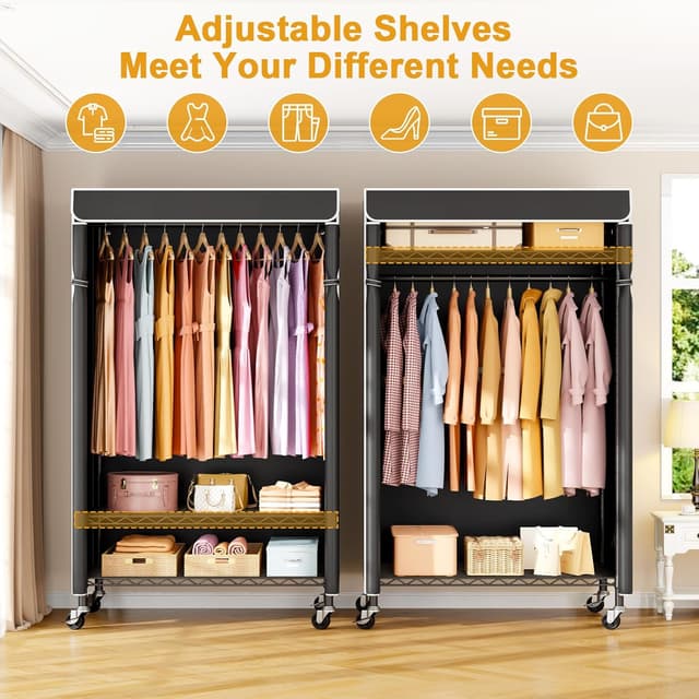 Detalle de ULIFHOME P6C Rolling Clothes Rack with Cover (Max Load 365 lbs) — Black