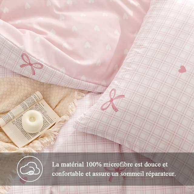 Detalle de Housse de couette Freyamy 140x200 à carreaux vichy rose (microfibre) avec taie 65x65 cm et fermeture éclair