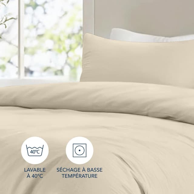 Detalle de Dreamzie – Lot de 2 housses de couette 135x200 avec 2 taies 80x80 en microfibre douce beige (parure 4 pièces, Oeko-Tex)