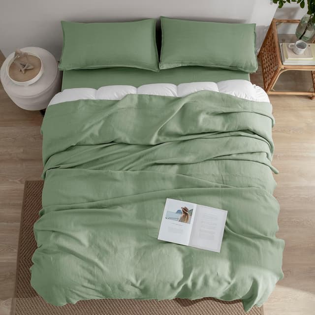Thumbnail 6 de EVERLY Queen Linen Sheets Set (4-Piece) in Sage Green — 100% French Stonewash Pure Linen