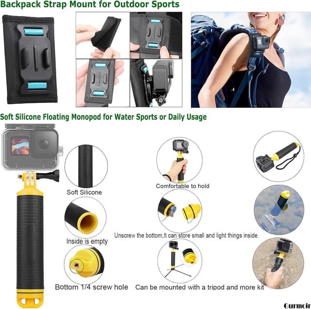 Detalle de Gurmoir Accessory Kit for GoPro Hero 13/12/11/10/9 (DT16) with Waterproof Case, Floating Grip & Mounts