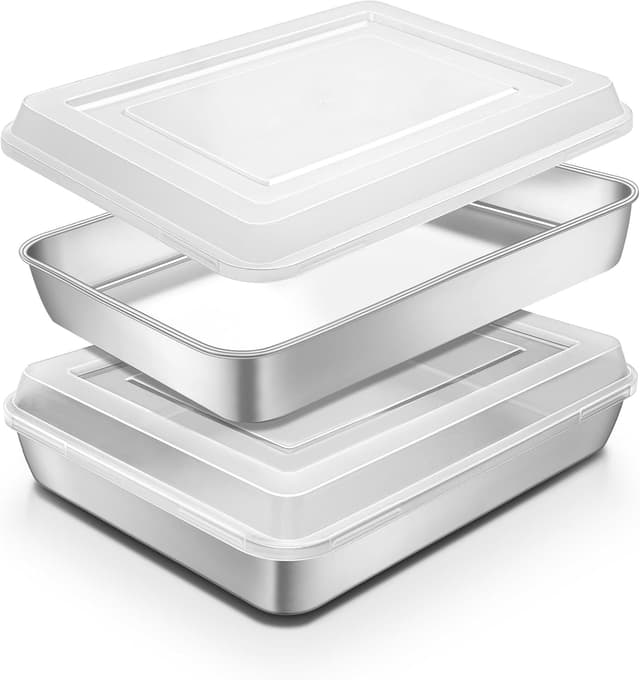 Detalle de Blingco Stainless Steel Baking Pan with Lid (12⅓ x 9¾ x 2 in Deep) — 2 Rectangular Cake Pans + 2 Lids