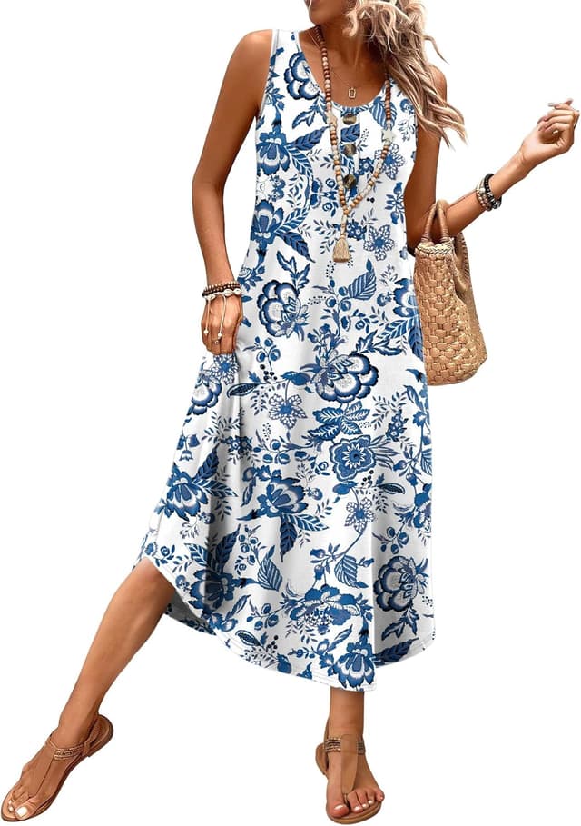 Detalle de WIHOLL Button-Front Sleeveless Midi Dress for Women (with Pockets) — Summer Casual & Vacation Styles