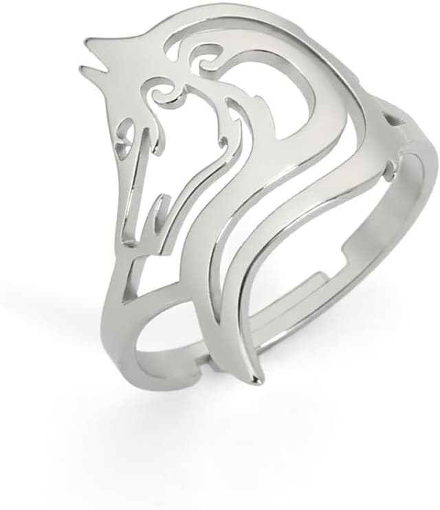 Detalle de VASSAGO Bague réglable empilable en acier inoxydable à tête de loup, chien ou renard (style rock punk/gothique/motard)