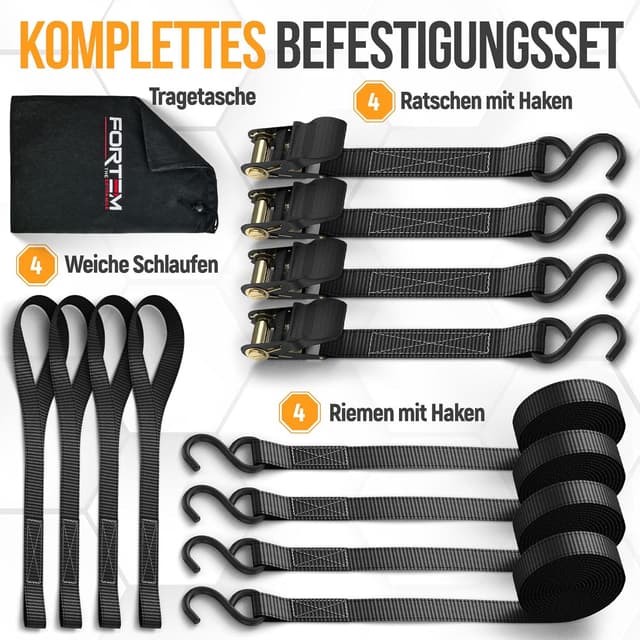 Detalle 2 de FORTEM Spanngurte-Set mit Ratsche und Haken, 4-teilig – inklusive Tasche