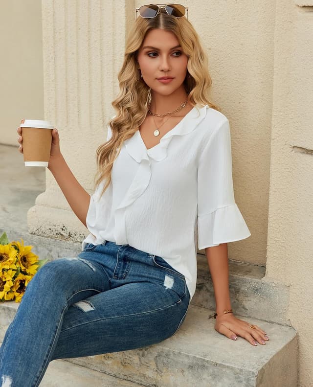 Detalle 2 de siliteelon Women’s 3/4 Sleeve Ruffle Bell Blouse for Business Casual & Formal Work