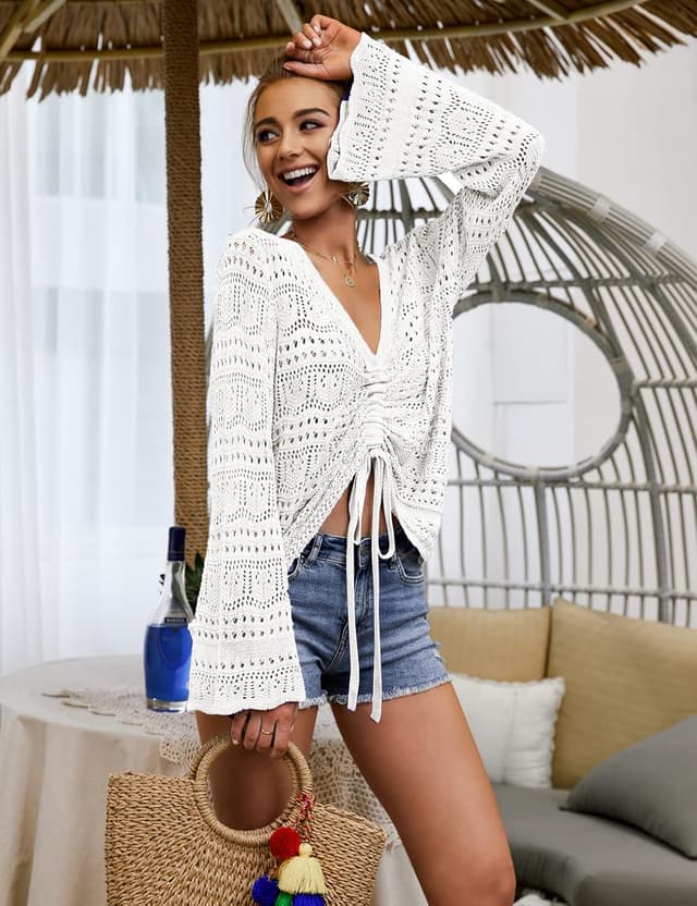 Detalle de Saodimallsu Women’s Boho Off-Shoulder Sheer Crop Top Sweater