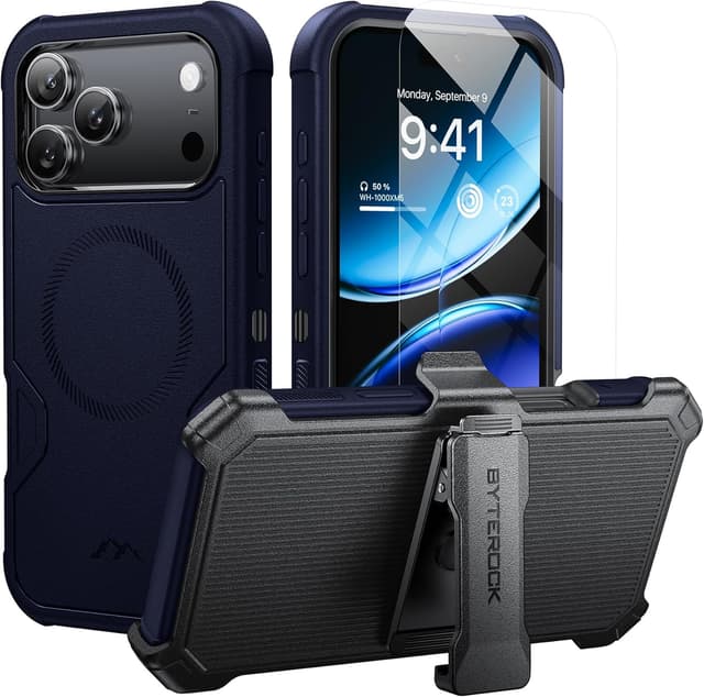 Detalle de ByteRock iPhone 17 Pro Max Case (6.9") with MagSafe, Belt Clip Holster & 360° Kickstand, Blue