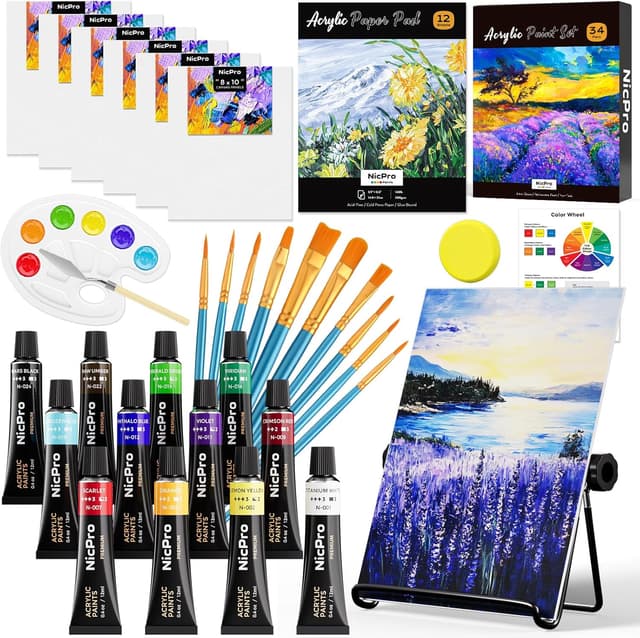 Detalle de Nicpro Kids Paint Set (34-piece) with Table Easel, 6 Canvas Panels & 12 Acrylic Colours