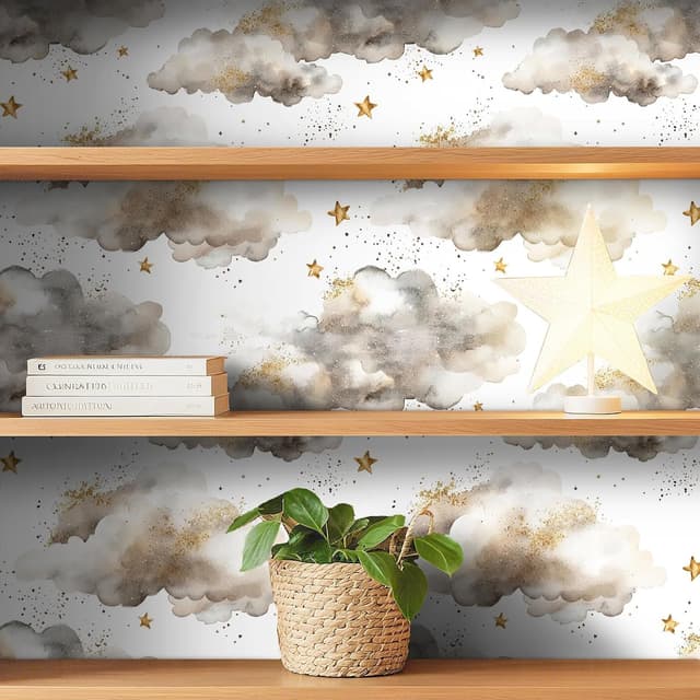 Detalle 2 de FunStick Wolke und Stern Tapete für Kinderzimmer (selbstklebend, abziehbar) in Weiß/Grau, 44,5 cm × 3 m