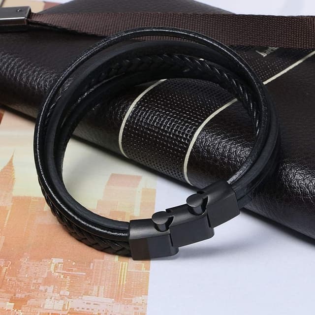 Detalle 2 de flintronic Echtleder-Armband für Herren (Schwarz) mit geflochtenem Look und Magnetverschluss