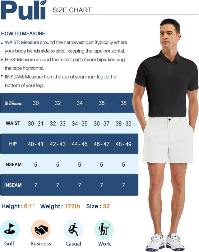 Detalle de PULI Golf Shorts for Men (Relaxed Fit) — Stretch, Quick-Dry, Lightweight Waterproof 5-Inch Inseam