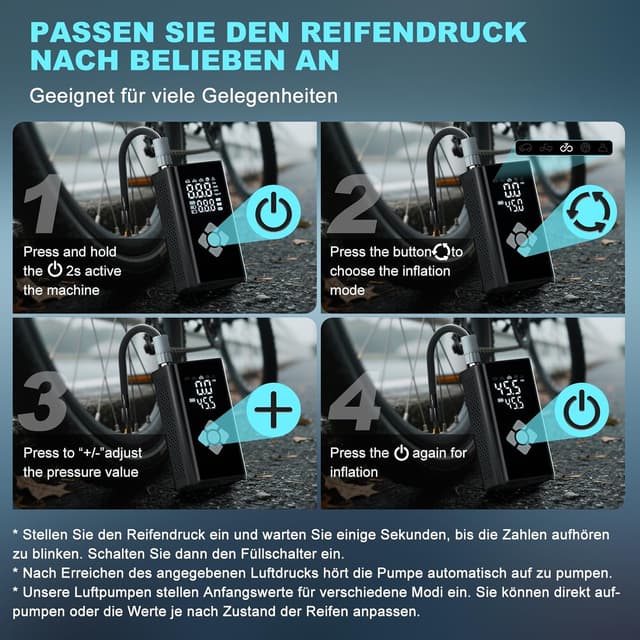 Detalle de TECHCYC Elektrische Luftpumpe Fahrradpumpe 150 PSI – Mini-Kompressor mit Auto-Stopp, LED-Licht & USB-C-Akkupower