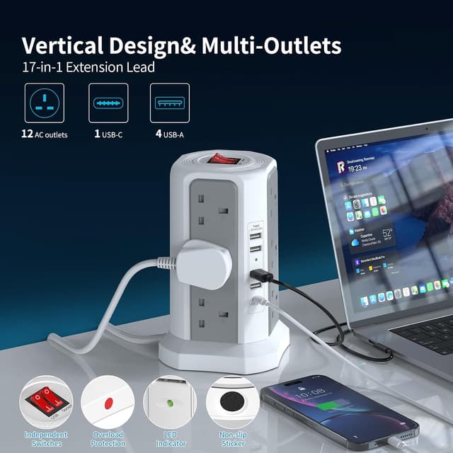 Detalle de Tower Extension Lead 5m with USB Slots & PD 20W Fast Charger (12-way, 13A Surge Protected)