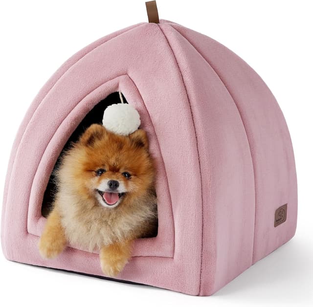Detalle de Bedsure Cat Cave Bed Indoor (Large) Flannel Hooded Igloo House with Removable Cushion & Toy Ball – Pink, 44x44x44cm