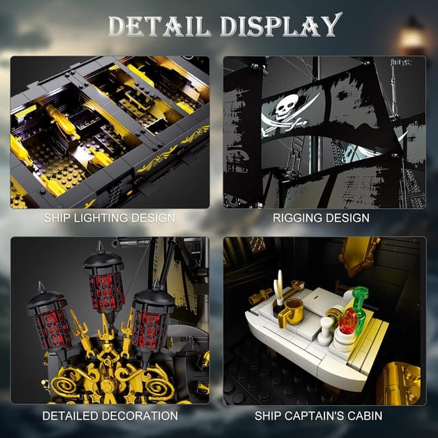 Detalle de Reobrix 66036 Nave Pirata Black Pearl Perla Nera con luci LED, set di costruzione in mattoncini (14+)