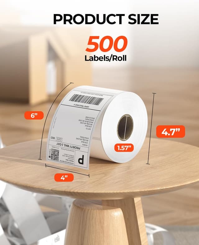 Detalle de MUNBYN Thermopapier Versandetiketten 4×6 (DHL/4"x6") – wasserfeste 500er-Rolle für Etikettendrucker, BPA/BPS-frei