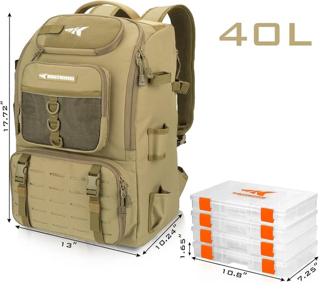 Detalle de KastKing KarryAll Fishing Tackle Backpack with Rod Holder and 4 Tackle Boxes (40/26L)