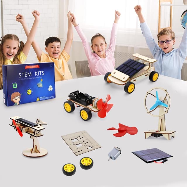 Detalle de STEM Kits for Kids Ages 8-14 (4 Wooden Kits): Solar Car, Solar Plane, Wind Car & Electric Fan Building Set