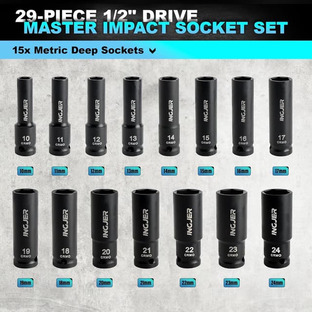 Detalle de INGJER 1/2" Drive 29-Piece Impact Socket Set (SAE + Metric) with Extension Bars