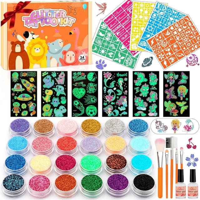 Detalle de AUKZON Glitzer Tattoo Set Kinder – temporäre Glitzertattoos mit 24 Farben & 150 Schablonen