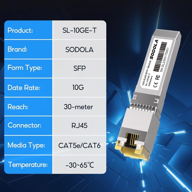 Detalle de Sodola 10GBase-T SFP+ to RJ45 copper transceiver (up to 30m), hot-pluggable