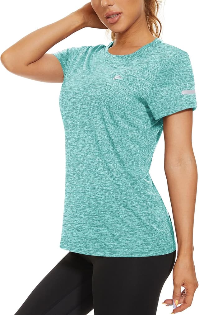 Detalle de KEFITEVD Melange Sportshirt Damen Kurzarm mit Reflektionsstreifen – atmungsaktives Stretch Funktionsshirt (Regular Fit)