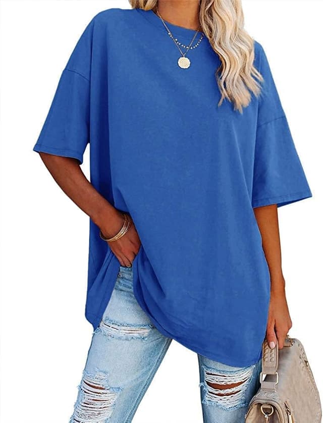 Detalle de Ebifin Oversize T‑Shirt für Damen mit Rundhals und kurzen Vintage-Ärmeln (Baumwollmix)