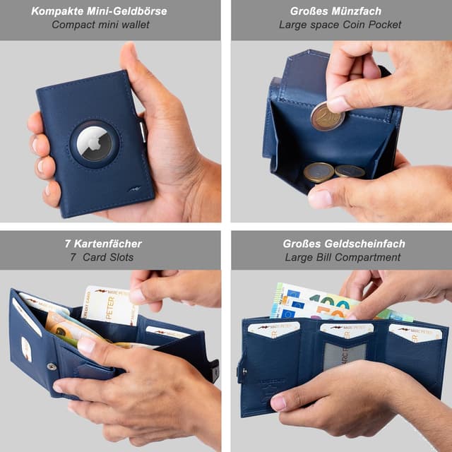 Detalle de Marc Peter Jupiter AirTag Echtleder-Geldbörse mit XL-Münzfach (für bis zu 11 Karten) – RFID-Schutz, blau