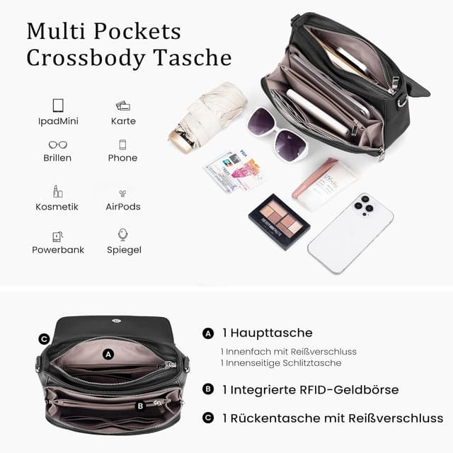 Detalle de befen Echtleder Umhängetasche Damen Mittelgroß mit RFID-Blockierung und integrierter Brieftasche