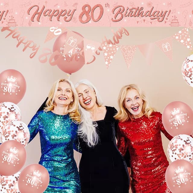 Thumbnail 6 de Rose Gold Happy 80th Birthday Banner, Sash, Cake Topper, Triangle Flags & Confetti Balloons Decoration Set