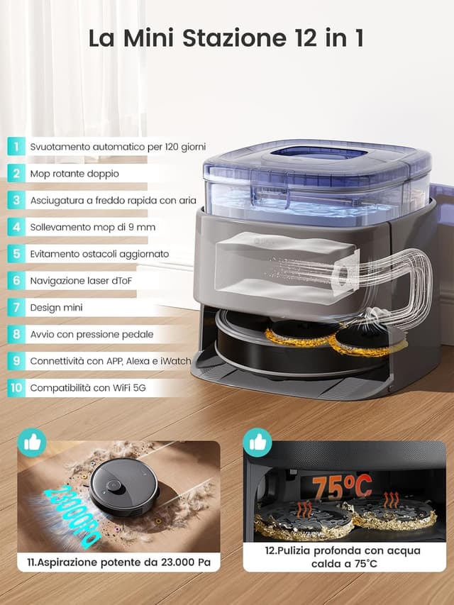 Detalle de LEFANT M3 Ultra Robot Aspirapolvere e Lavapavimenti con mappatura laser dToF 360° e lavaggio a 75°C