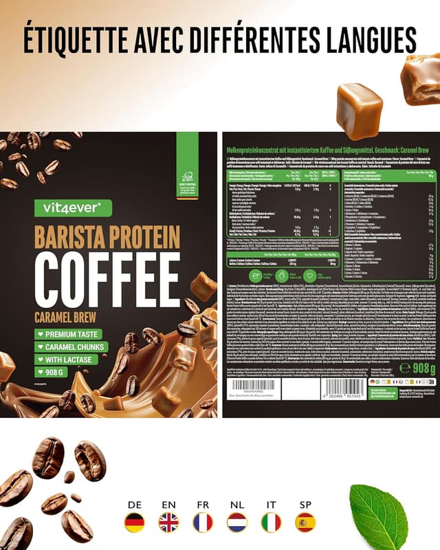 Detalle de Vit4ever Barista Protein Coffee Caramel Brew (908 g) – café protéiné crémeux au caramel, jusqu’à 20 g de protéines