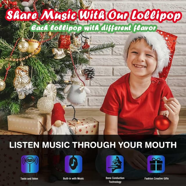 Detalle de AMOS Sucette Musicale Mûre & Pêche & Menthe & Pomme – coffret de 4 bonbons audio, Noël, sans sucre