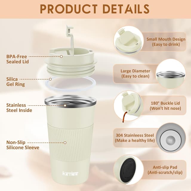 Detalle de KETIEE Thermobecher to go 510 ml (doppelwandig) mit auslaufsicherem Deckel – Creme