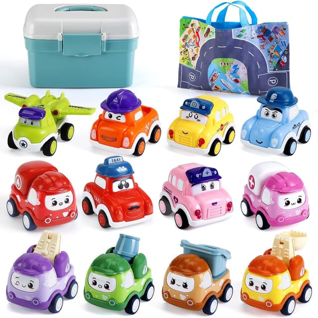 Detalle de LULULIA 12-Piece Pull-Back Mini Cars Set (with play mat & storage box) for 1-Year-Old Boys & Girls