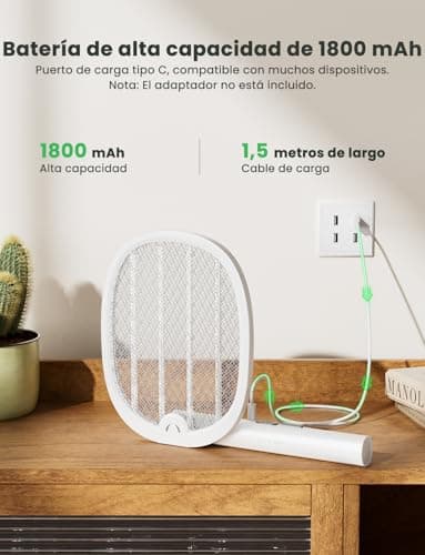 Detalle de YISSVIC raqueta eléctrica matamosquitos plegable 2 en 1 con luz UV 365 nm (4000 V) y batería USB-C 1800 mAh