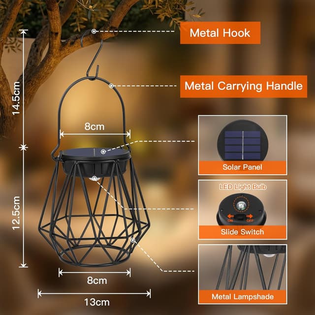 Detalle de Ketom 2 Pezzi lanterne solari da esterno in metallo IP65, luce bianco caldo – design sospeso con gabbia