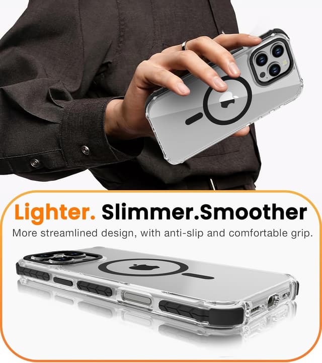 Detalle de DEERLAMN Strong Magnetic Case for iPhone 16 Pro Max (6.9-inch) — Clear Slim Shockproof Cover with MagSafe Compatibility