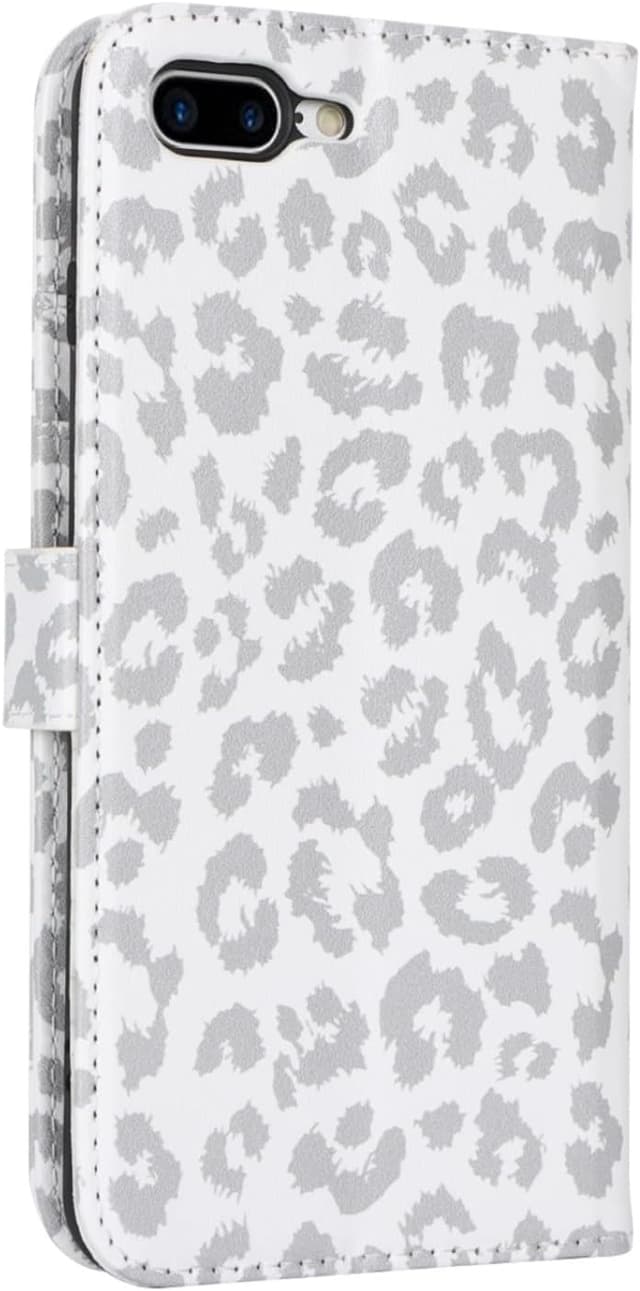 Detalle 2 de Zouzt PU Leather Wallet Case for iPhone 8 Plus / 7 Plus (5.5-inch) with Credit Card Slots & Adjustable Kickstand – White Leopard