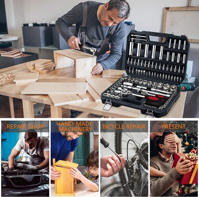 Thumbnail 6 de HUIYOPU 108-Piece Socket Set with 1/4" & 1/2" ratchet, CR-V bits and tools for DIY, cars and bicycle repairs