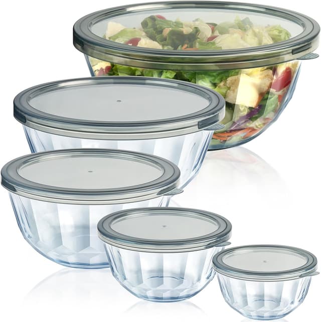 Detalle de Freshmage 5-Pack Mixing Bowls with Airtight Lids (Thick Borosilicate Glass) – Nesting Set for Baking & Meal Prep