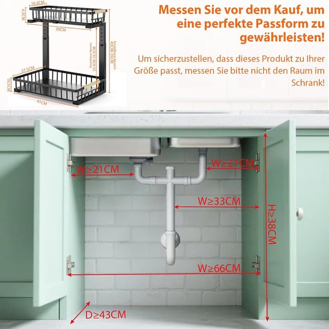Detalle de OUUTMEE Küchen Organizer für unter dem Spülbecken – 2er-Set, höhenverstellbar 35,5–43 cm, Metall schwarz