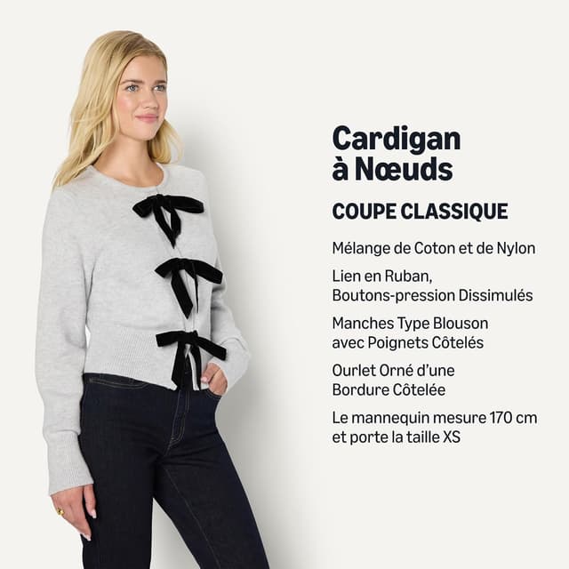 Detalle de Cardigan à manches longues et nœuds devant Amazon Essentials (Sélection de Demi), coupe classique femme