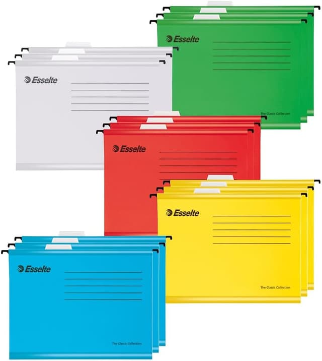 Detalle de ESSELTE – Lot de 15 dossiers suspendus A4 renforcés pour classeur (628808), carton recyclé 100%