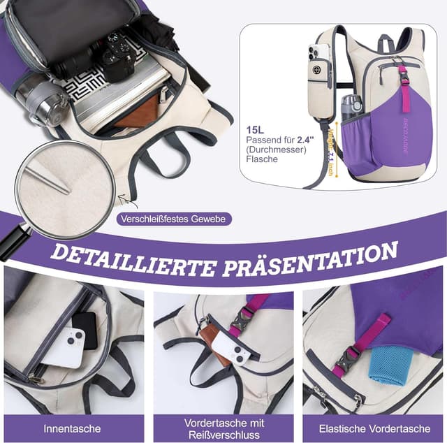 Detalle de BECOJADDE 15L Wanderrucksack – leichter faltbarer Daypack für Camping, Outdoor & Tagesausflüge