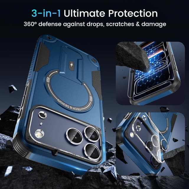 Detalle de 3-in-1 iPhone 17 Pro case with MagSafe, invisible kickstand & HD screen protector (Blue)